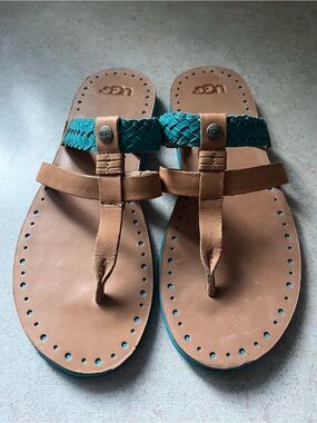 Women’s UGG Australia Audra Leather Braid Turquoise-Tan Thong Sandals 🩴 🩴